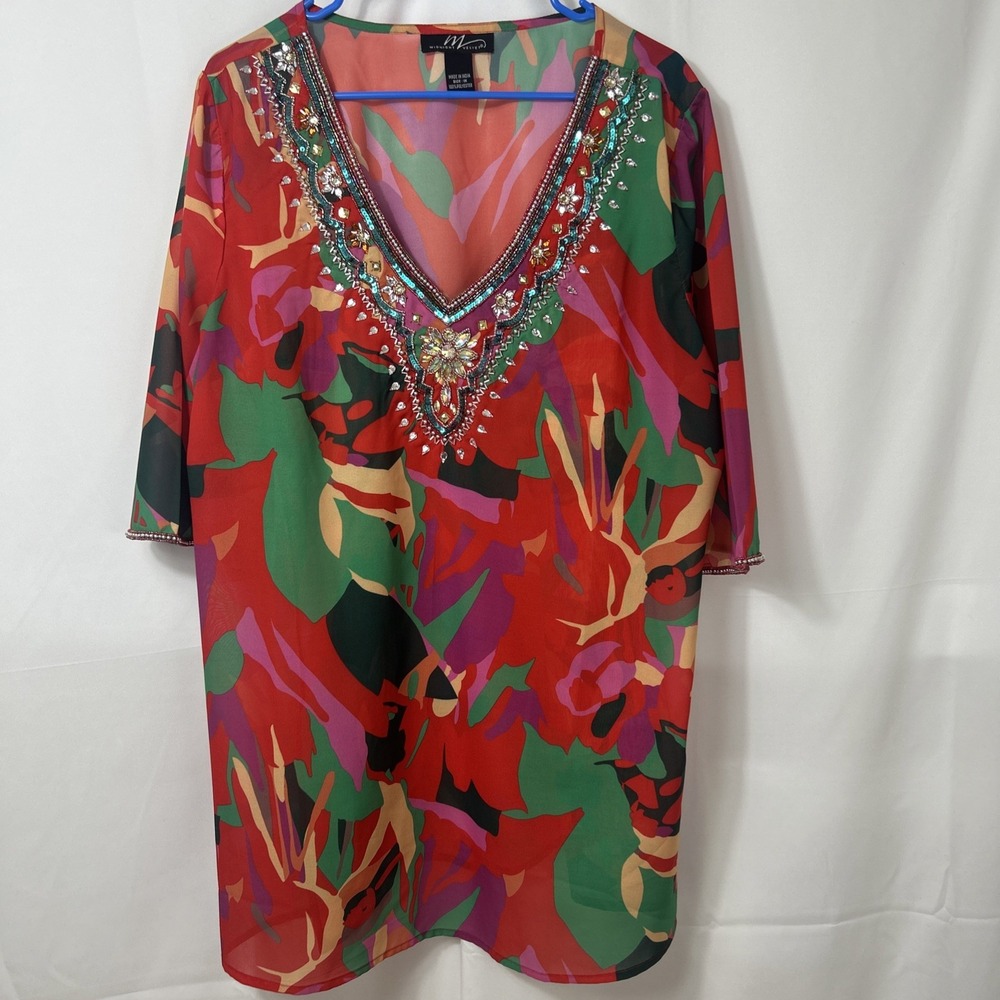 Midnight Velvet Red Multi Womens Tunic Top Beaded Sheer Blouse 1X Plus Party